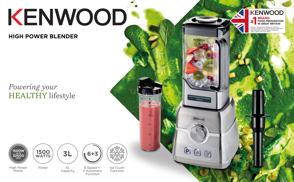 Kenwood - High Power Blender with Smoothie Bottle S/Steel 1500W - BLM91.640SS