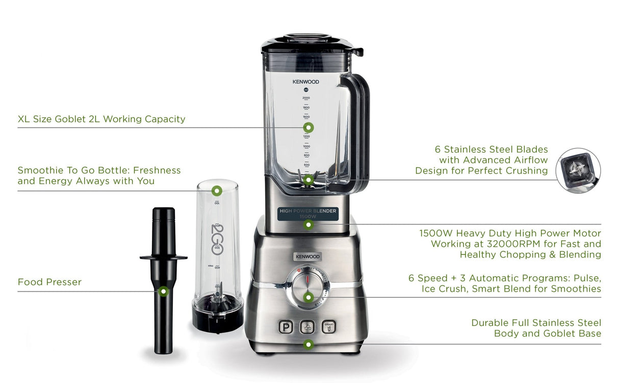 Kenwood - High Power Blender with Smoothie Bottle S/Steel 1500W - BLM91.640SS - Kenwood South Africa